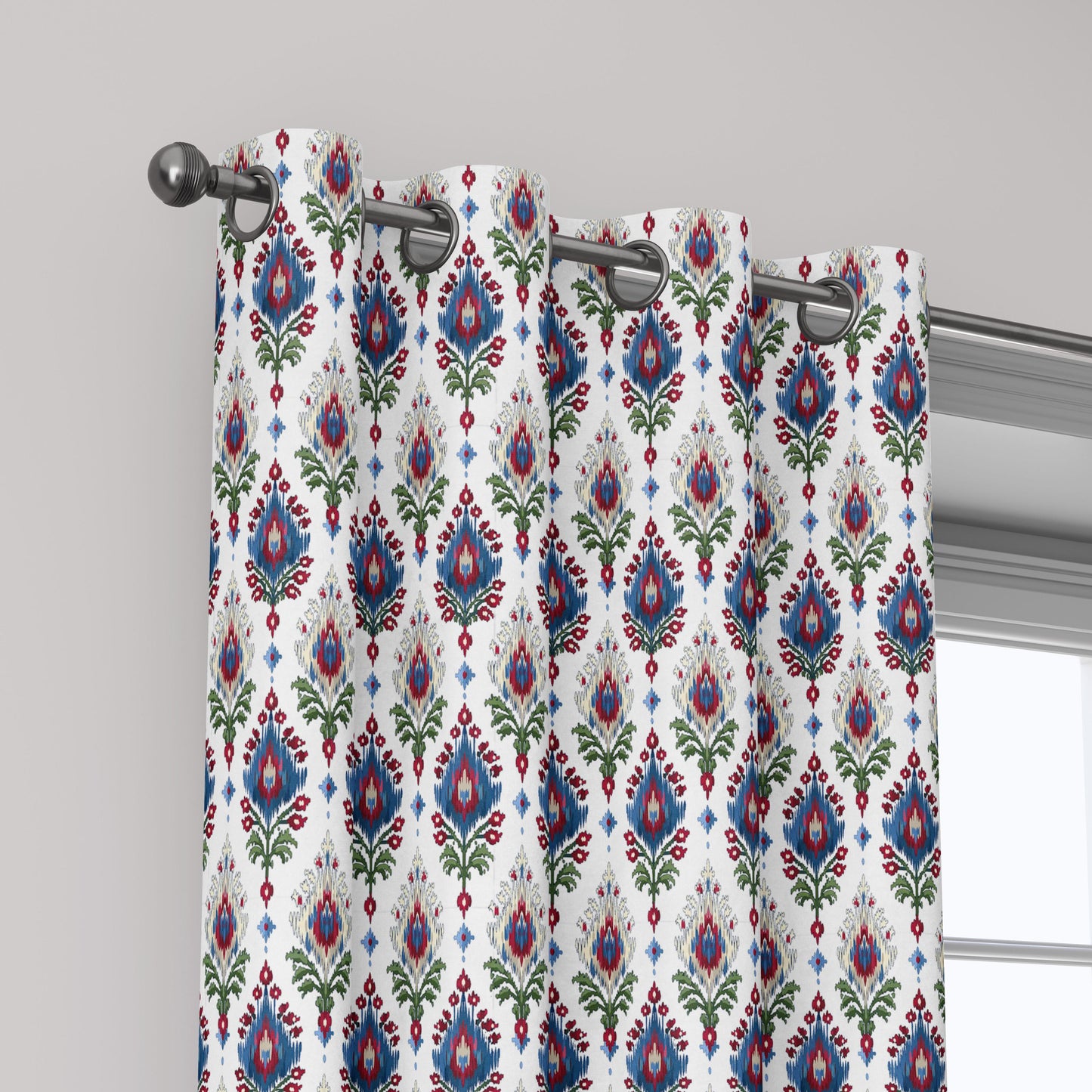100% linen fabric Ikat red blue green white print - Vintage flower abstract  botanical - modern vintage 3407