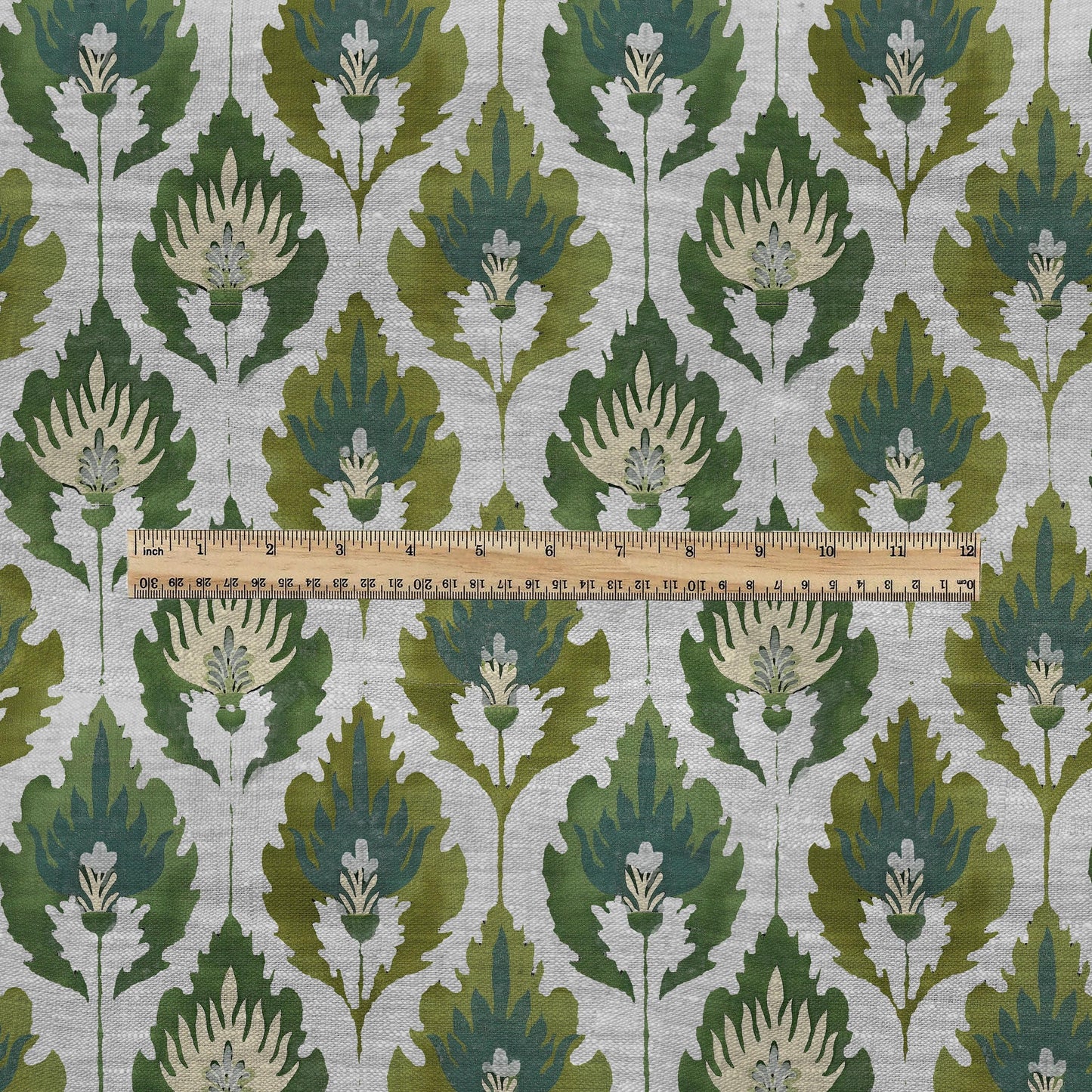 100% LINEN Fabric Floral Ikat green print -abstract floral on oatmeal linen 3128