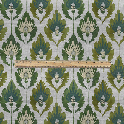 100% LINEN Fabric Floral Ikat green print -abstract floral on oatmeal linen 3128