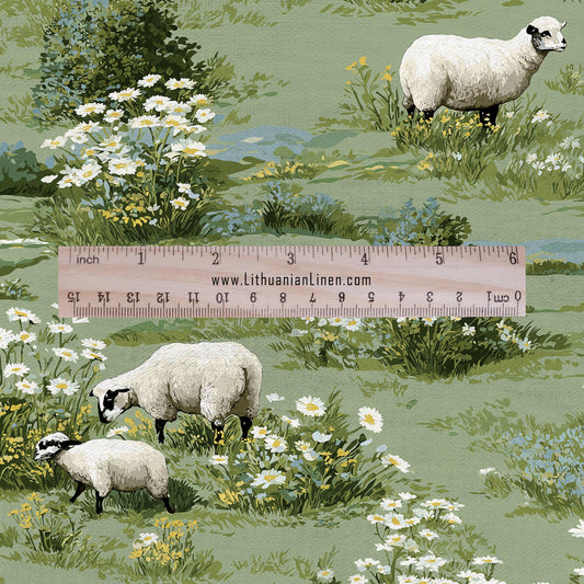 100% LINEN Fabric Sheep in fields white - green white meadow fabric print - Pastoral style French  Nursery fabric 2003