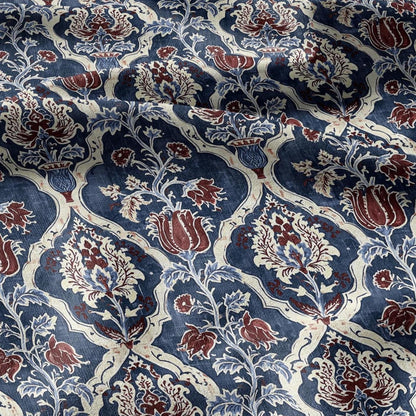 100% LINEN Fabric Indigo Garden Linen  - Hand-Drawn Floral Lattice - Indigo & Madder Floral 3424