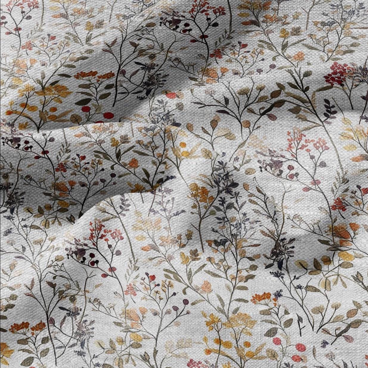 100% LINEN Fabric meadow flower print - floral yellow brown gray print on oatmeal linen for home decor sewing dress clothing 2352