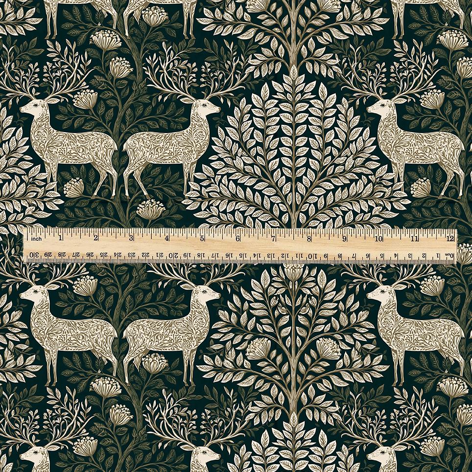 100% LINEN Fabric Woodland - Green beige floral print with Reindeer Neutral Fabric by the Yard by LithuanianLinen 3872