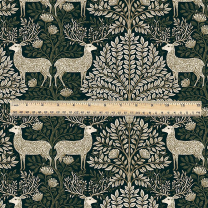 100% LINEN Fabric Woodland - Green beige floral print with Reindeer Neutral Fabric by the Yard by LithuanianLinen 3872
