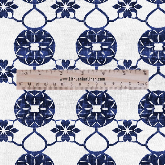 100% LINEN Fabric Medallion indigo blue geometric retro block print - modern vintage abstract fabric for upholstery or home decor 2836