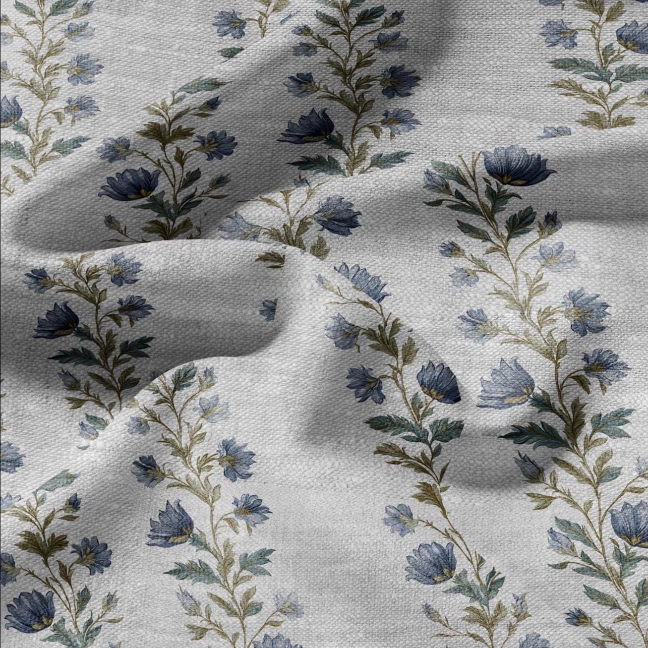 100% LINEN Fabric block print stripe floral blue green on grey - oatmeal linen fabric with botanical print for upholstery home decor 2915