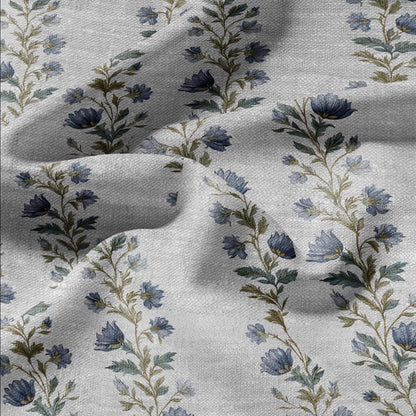 100% LINEN Fabric block print stripe floral blue green on grey - oatmeal linen fabric with botanical print for upholstery home decor 2915