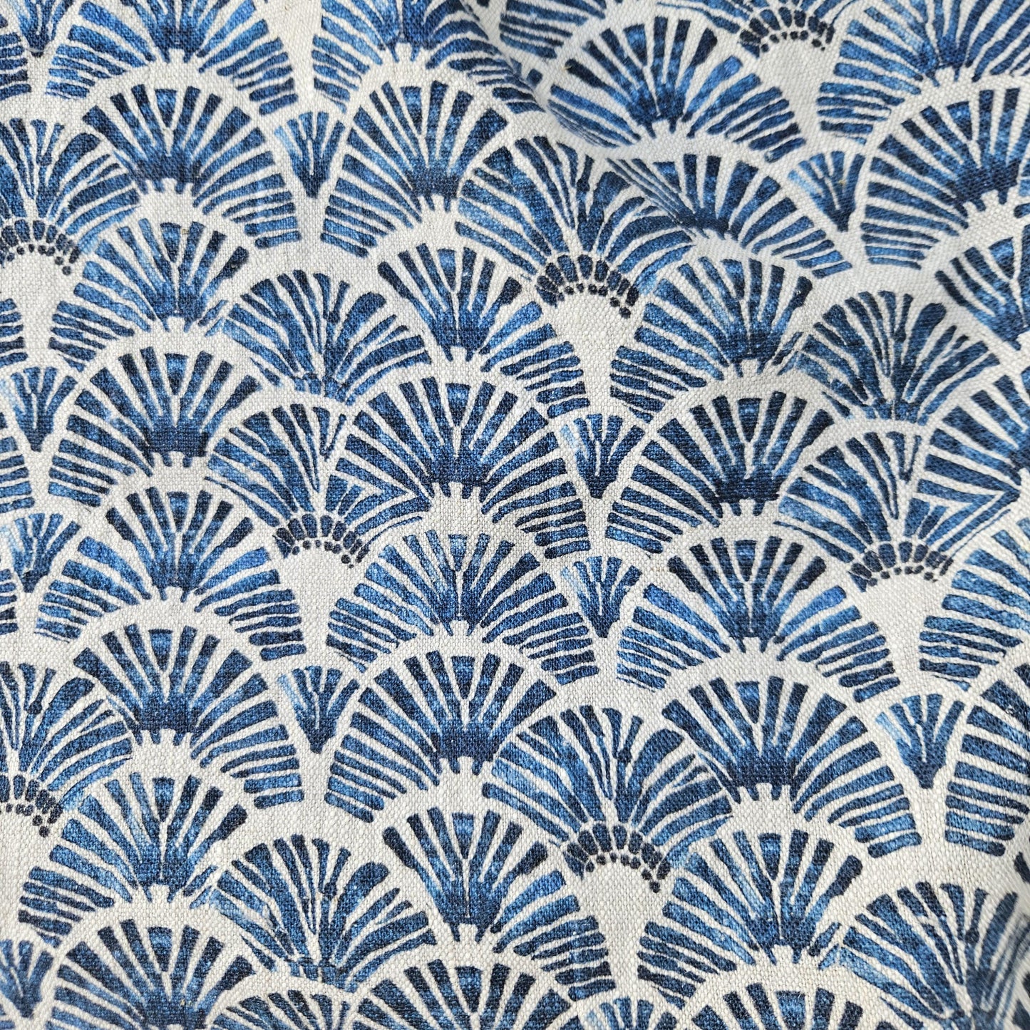 100% LINEN Fabric block print indigo blue white Japandi - Japanese fabric abstract fan print linen upholstery dressmaking sewing 2611