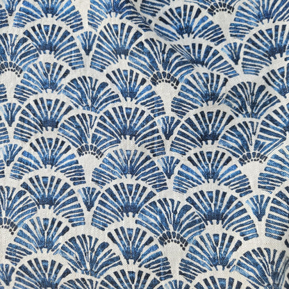 100% LINEN Fabric block print indigo blue white Japandi - Japanese fabric abstract fan print linen upholstery dressmaking sewing 2611