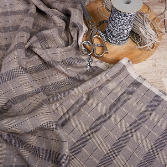 100% checked linen fabric for sewing - grey