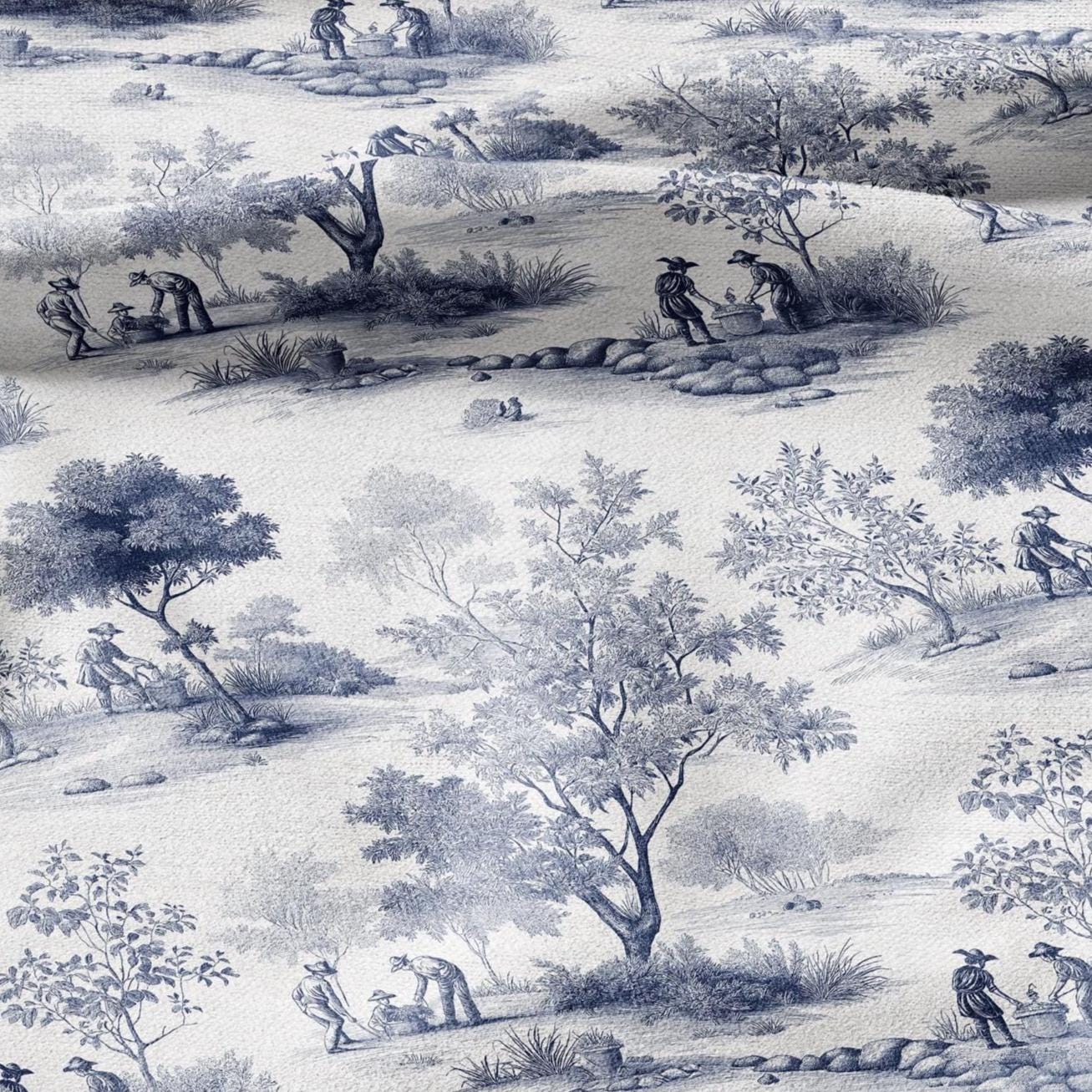 100% LINEN Fabric Toile de jouy print work in garden blue - floral upholstery home textile artisan fabrics blue white 3111