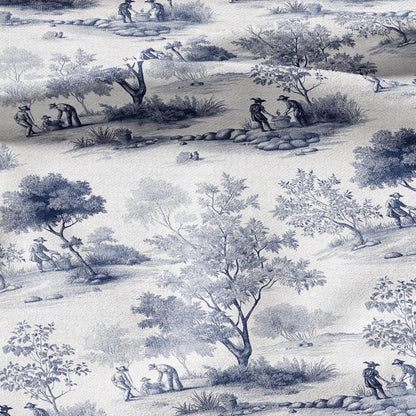 100% LINEN Fabric Toile de jouy print work in garden blue - floral upholstery home textile artisan fabrics blue white 3111