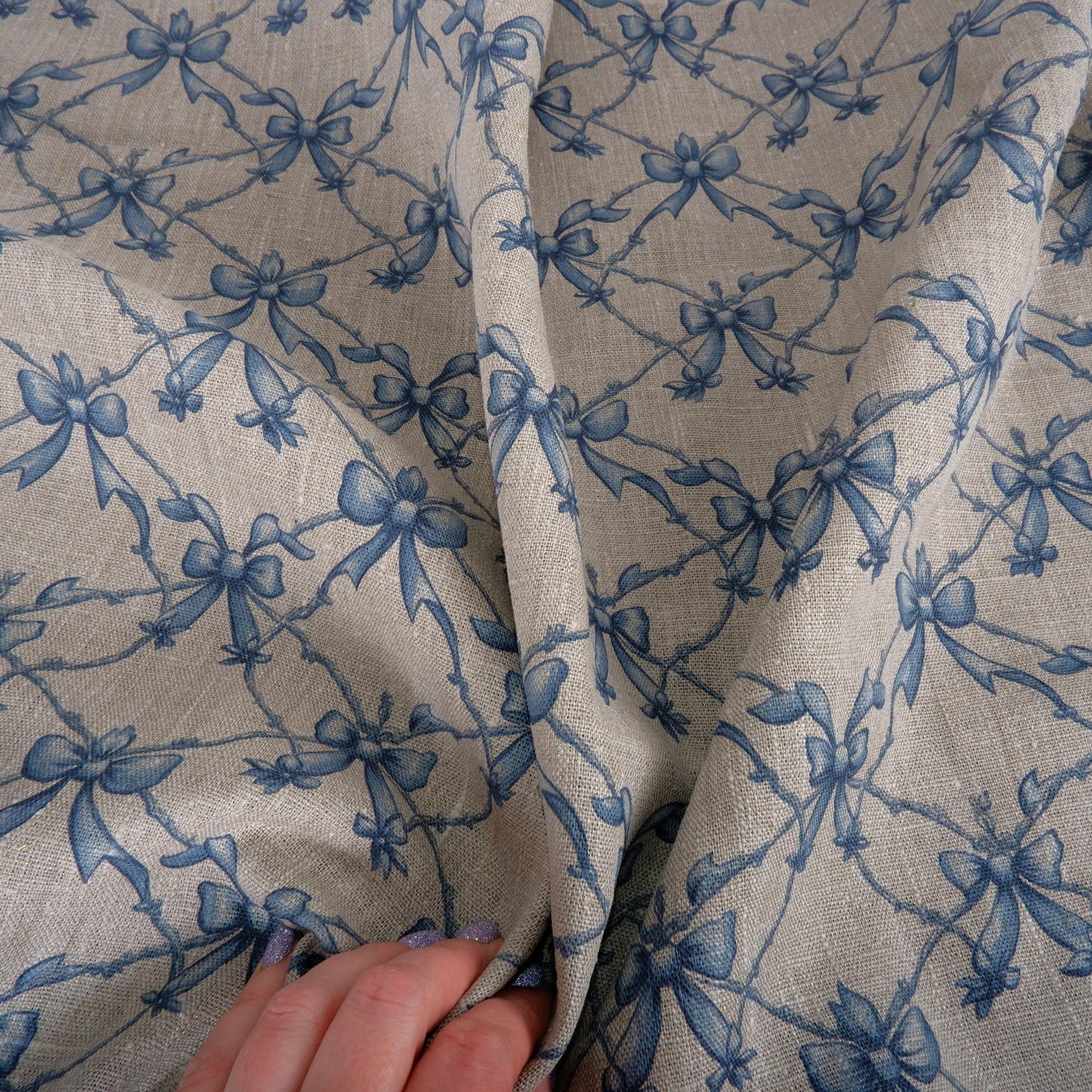 100% LINEN Fabric Blue Ribbon bow - linen fabric blue print Nursery - linen floral fabric upholstery curtains dress making