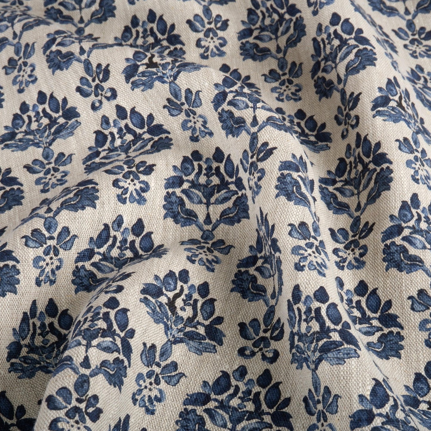 100% LINEN Fabric indigo blue block print - oatmeal neutral fabric with blue floral print - linen for upholstery home decor dressmaking 389