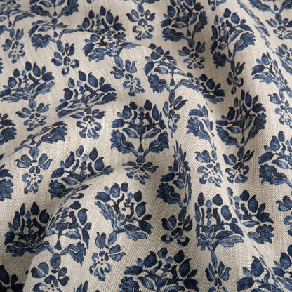 100% LINEN Fabric indigo blue block print - oatmeal neutral fabric with blue floral print - linen for upholstery home decor dressmaking 389