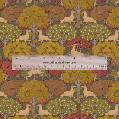 100% linen Deer prints fabric for Curtain Upholstery Cushion - Autumn trees print fabric for dress making sewing