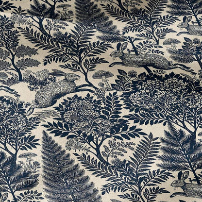 100% LINEN Fabric Woodland - Navy blue beige floral print with Rabbit bunny Neutral Fabric by the Yard by LithuanianLinen 3871