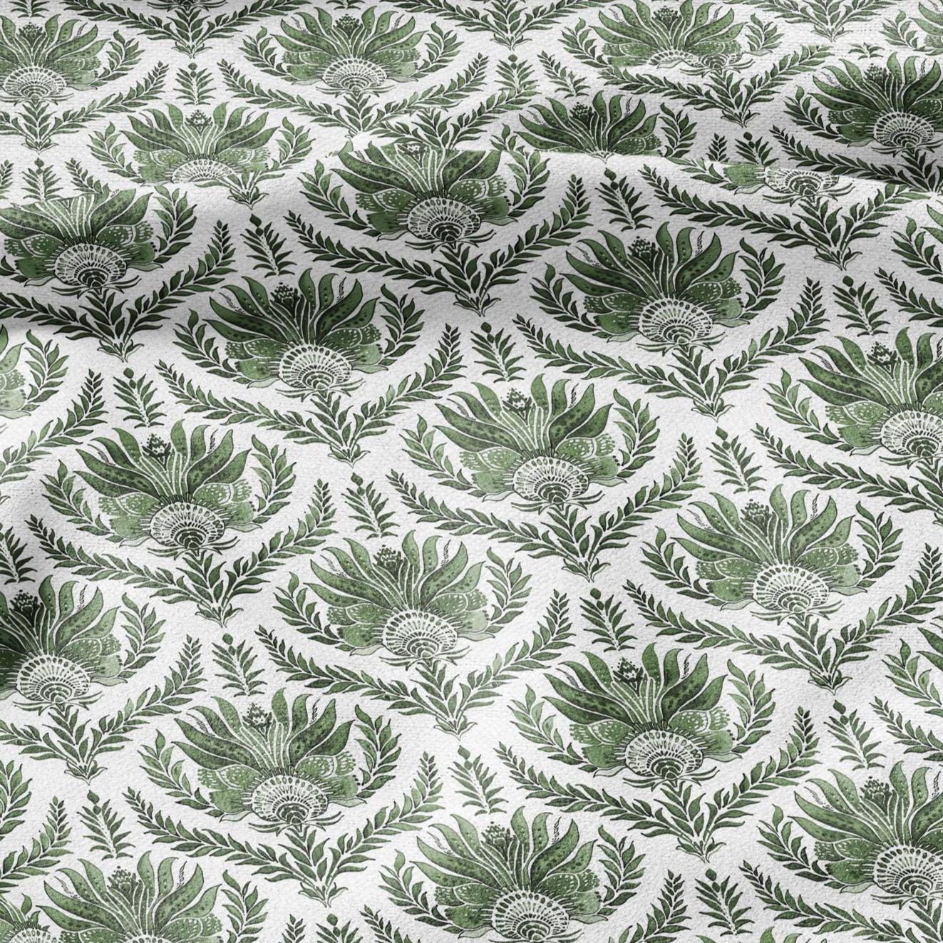 100% LINEN Fabric green French floral print - flowers block print - for upholstery home decor - medium for dress making 305G