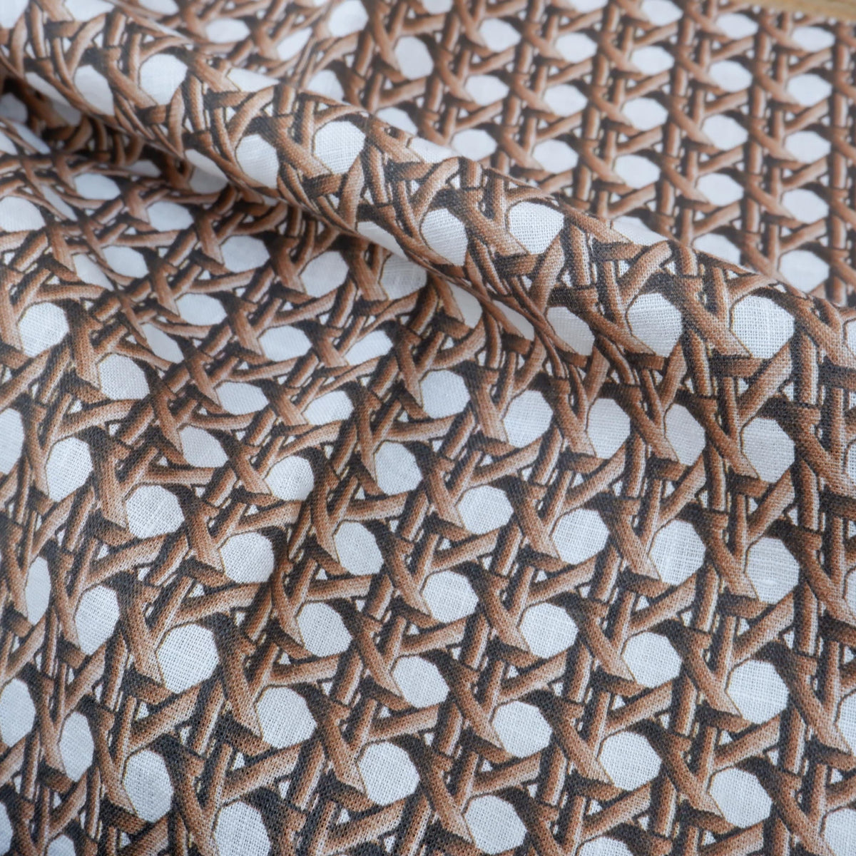 100% LINEN Fabric brown bamboo trellis - botanical textile artisan fabrics blue white 3686