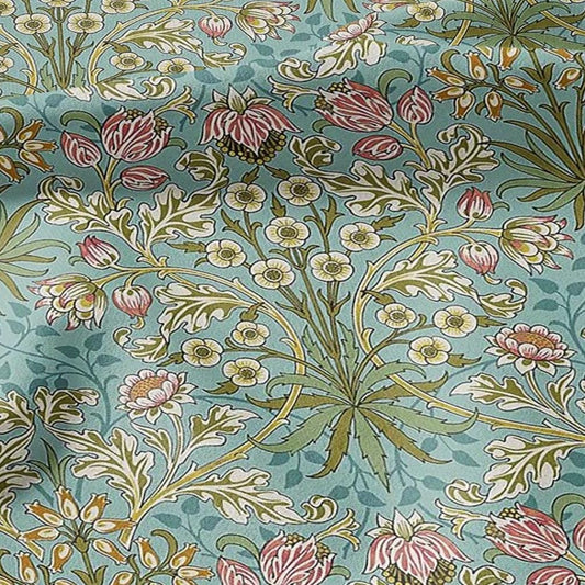 100% LINEN Fabric William Morris hyacinth green colorful print - Modern vintage botanical - Victorian Art Craft gray 3255