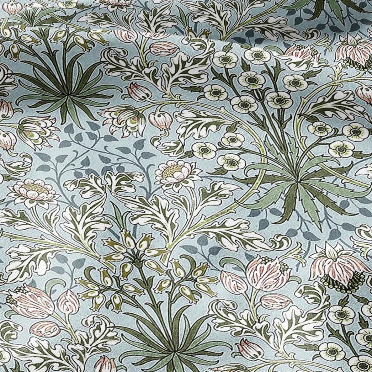 100% LINEN Fabric William Morris Hyacinth pale green print - British linen floral upholstery home textile Victorian fabrics 3261