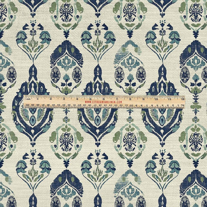 100% LINEN Fabric UPHOLSTERY 12oz - 2098 - Block print blue beige print on linen - Modern vintage pattern