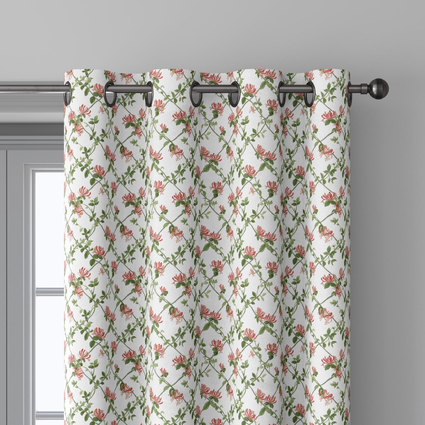 100% linen fabric honeysuckle trellis print - Vintage floral botanical modern Victorian  green pink white 3357