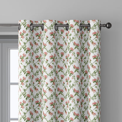 100% linen fabric honeysuckle trellis print - Vintage floral botanical modern Victorian  green pink white 3357