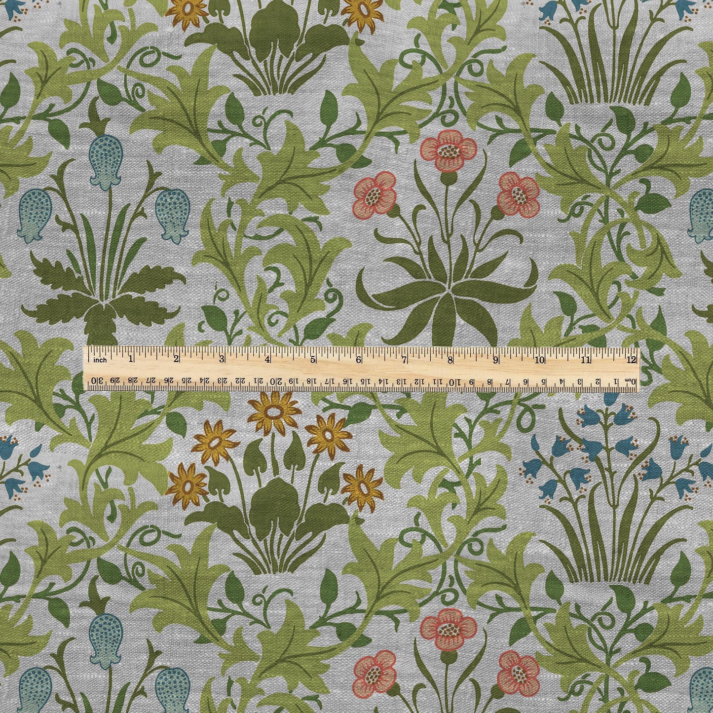 100% LINEN Fabric William Morris print Celandine - botanical green gray floral on oatmeal linen - modern vintage 3161