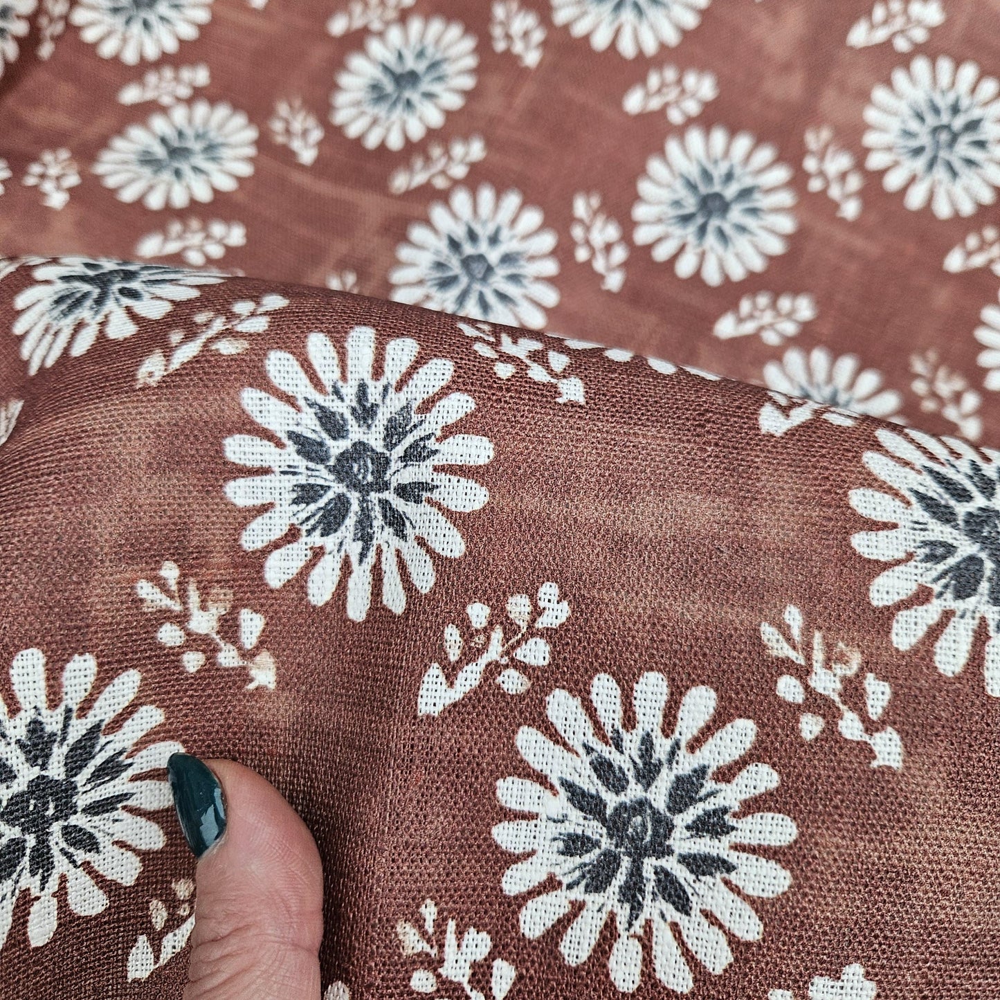 100% LINEN Fabric floral print - muddy brown white stripe block print linen heavy for upholstery home decor - medium for dress making 2808