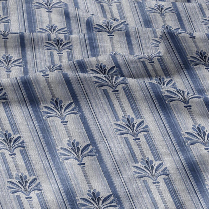 100% LINEN Fabric stripe fleur de lis blue print - botanical floral on oatmeal linen - modern vintage 3129