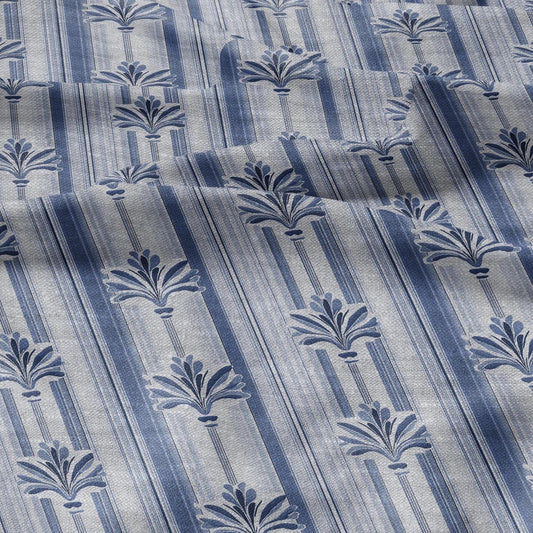 100% LINEN Fabric stripe fleur de lis blue print - botanical floral on oatmeal linen - modern vintage 3129