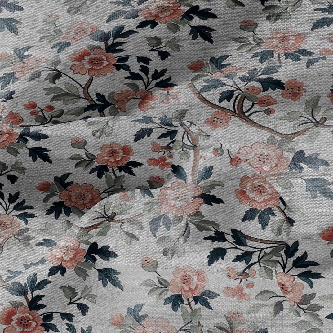100% LINEN Fabric print Pink flower blossom print - oatmeal linen fabric floral botanical - heavy for home decor clothing 2750