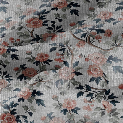 100% LINEN Fabric print Pink flower blossom print - oatmeal linen fabric floral botanical - heavy for home decor clothing 2750