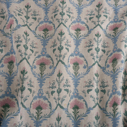 100% LINEN Fabric pink blue block print on oatmeal natur linen, floral toile de jouy fabric, French linen floral upholstery 2254