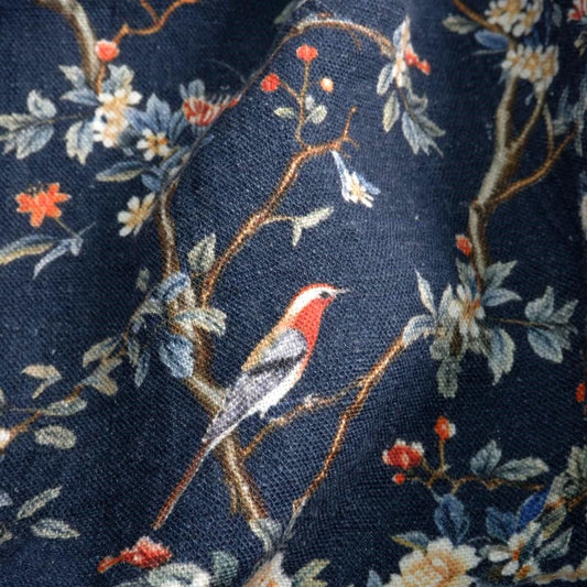 100% LINEN Fabric Toile de Jouy in navy blue, botanical flax fabric with indigo blue print, French linen floral Birds on the tree