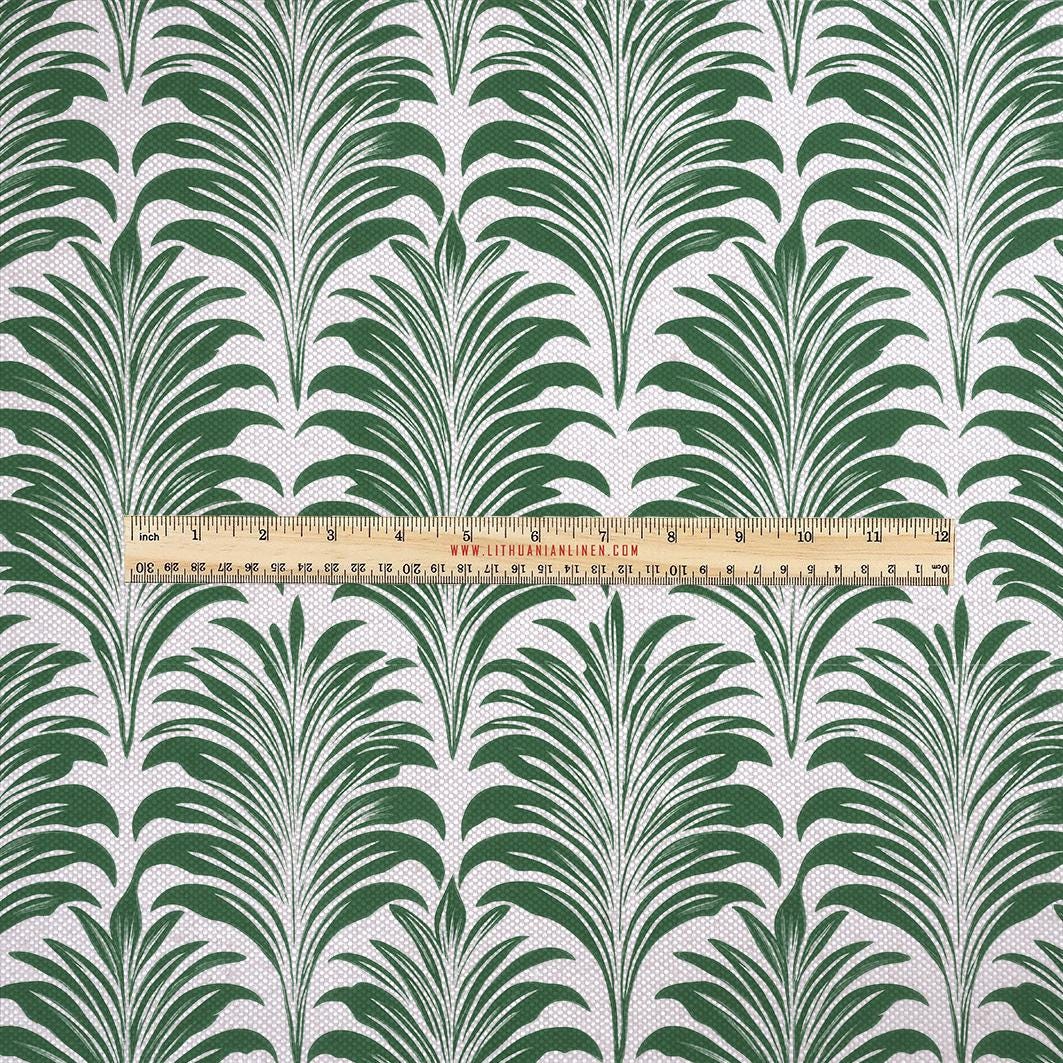 100% LINEN Fabric UPHOLSTERY 12oz - green palm leaves block print on oatmeal linen - Modern vintage Victorian floral upholstery 2306