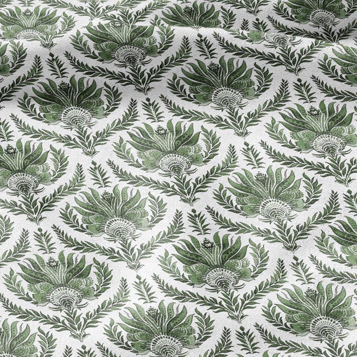 100% LINEN Fabric green French floral print - flowers block print - for upholstery home decor - medium for dress making 305G