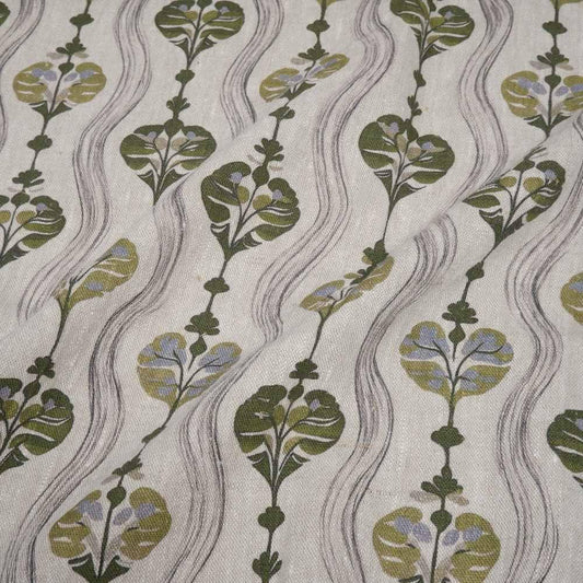 100% LINEN Fabric Waves stripe green - Modern vintage print on oatmeal linen for home decor sewing dress clothing 2938