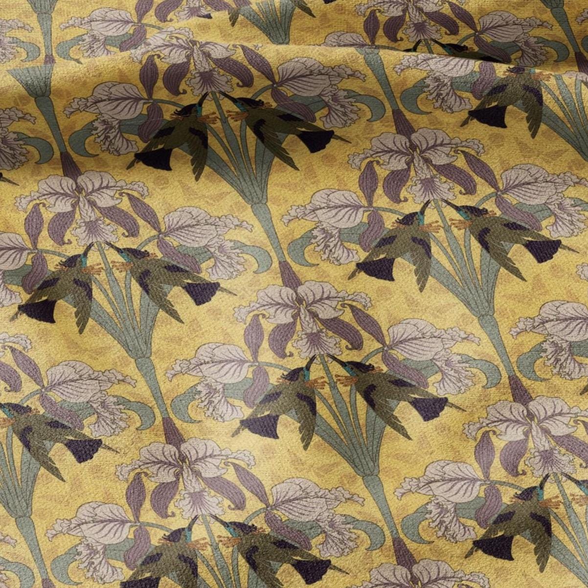 100% linen Art Nouveau Print fabric for Curtain Upholstery Cushion - Floral fabric HUMMINGBIRD - fabric material for dress making sewing