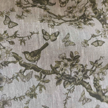 100% LINEN Fabric Toile de Jouy green, oatmeal natur linen fabric with green print, French linen fabric upholstery trees branches with birds
