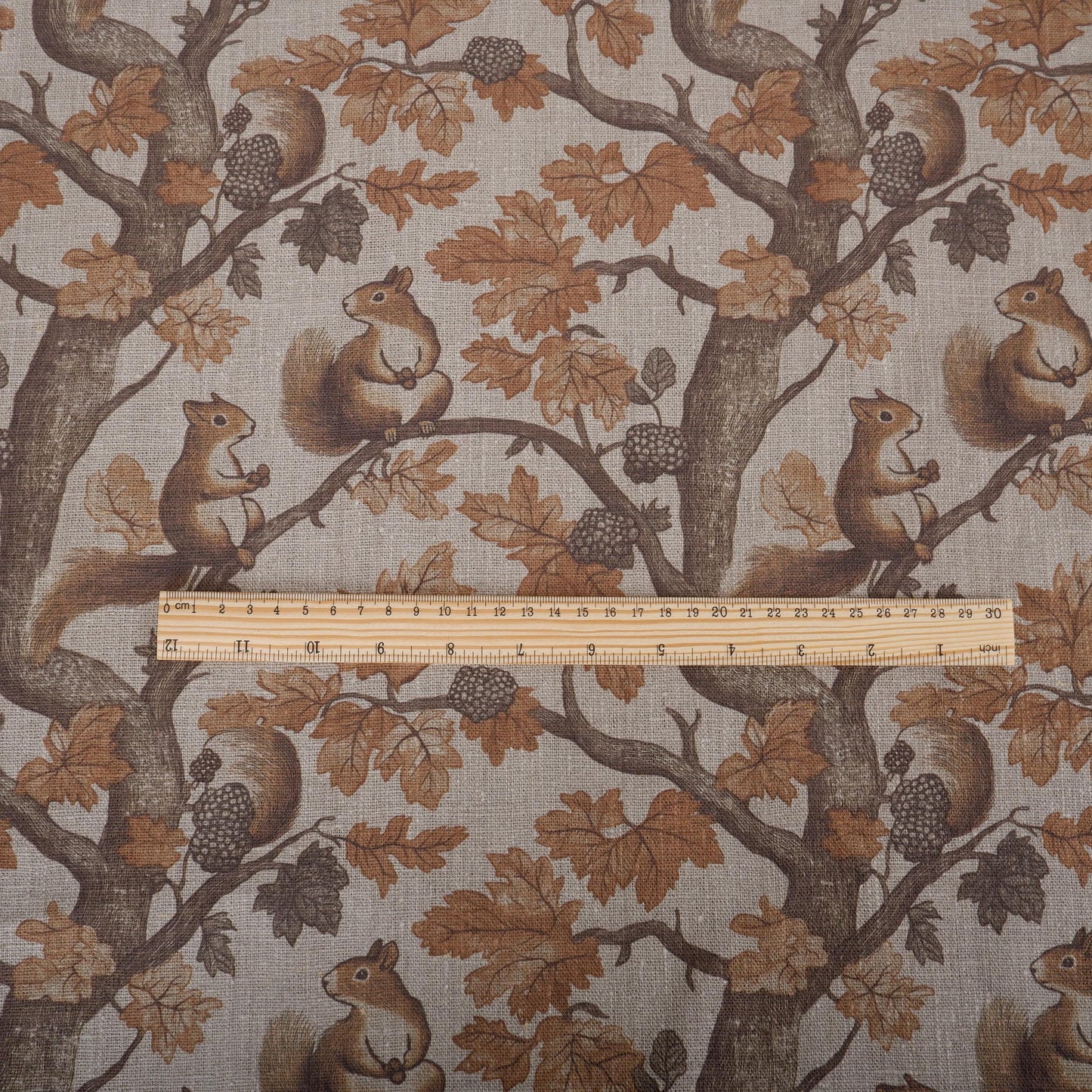 100% LINEN Fabric Toile de Jouy with Squirrel in forest - fabric brown print upholstery curtains dress making Nursery sewing