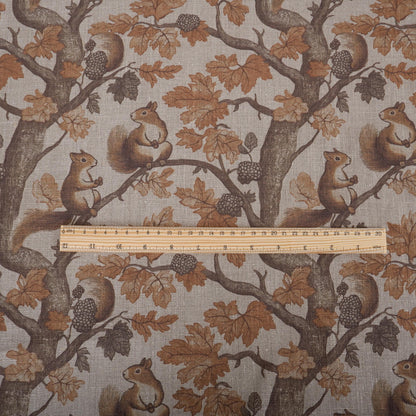 100% LINEN Fabric Toile de Jouy with Squirrel in forest - fabric brown print upholstery curtains dress making Nursery sewing