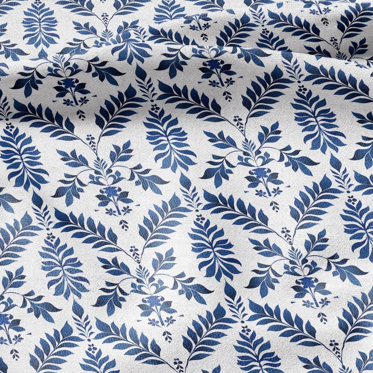 100% LINEN Fabric Abstract floral blue white print - botanical upholstery home textile artisan fabric 3138