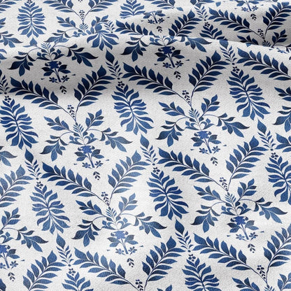 100% LINEN Fabric Abstract floral blue white print - botanical upholstery home textile artisan fabric 3138