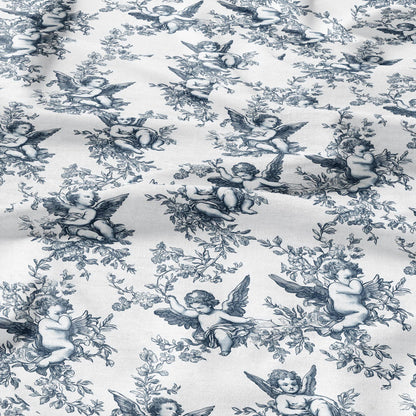 100% LINEN Fabric block print Cherub - oatmeal natur linen fabric with Angel print - heavy linen fabric for upholstery home decor