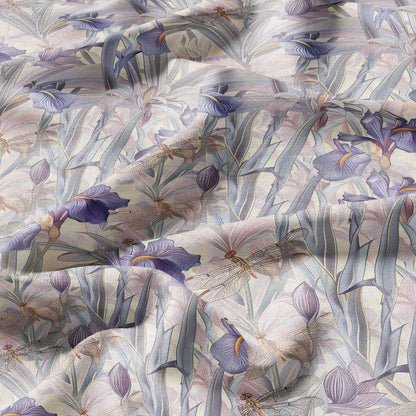 100% LINEN fabric pastel Iris dragonflies print - botanical linen Fabric for upholstery home textile dress making 2028