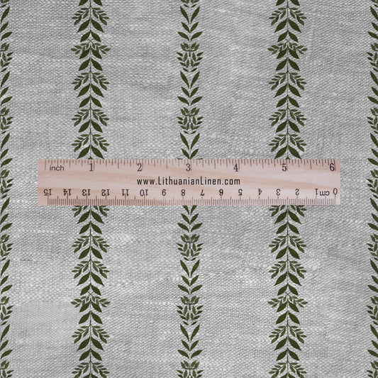 100% LINEN Fabric Striped floral green print - block print on oatmeal linen for upholstery curtains dress making 2679