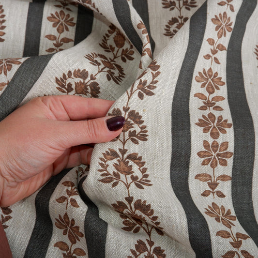 100% linen beige Block stripe prints fabric for Curtain Upholstery Cushion -  flower stripes print fabric for dress making sewing 2496
