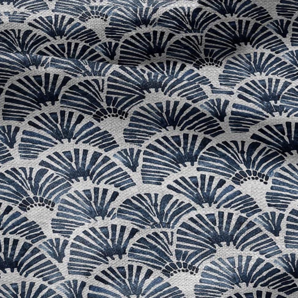 100% LINEN Fabric Block print blue fan - oatmeal linen fabric with japanese print - heavy for home decor clothing 2363